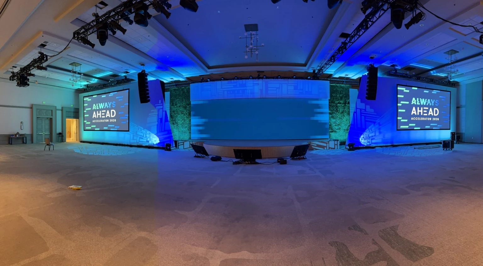 AHEAD Accelerator 2026 stage, lit and ready before doors