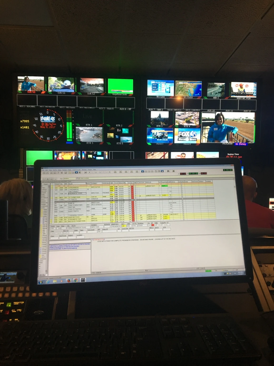 Newsroom multiview monitor wall during a live FOX45 Baltimore broadcast